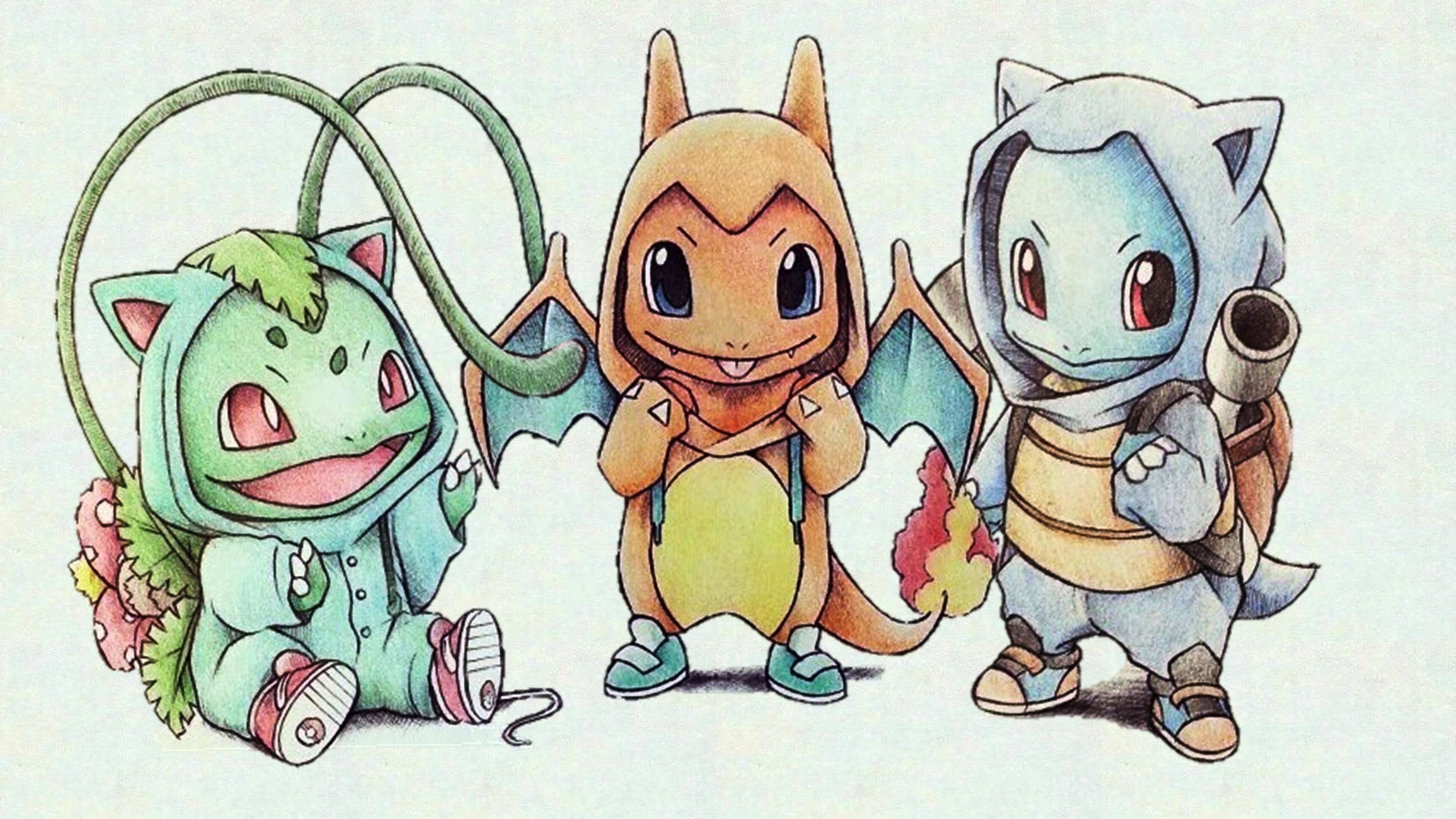 Three pokemon characters standing together in front of a white background - Pokemon