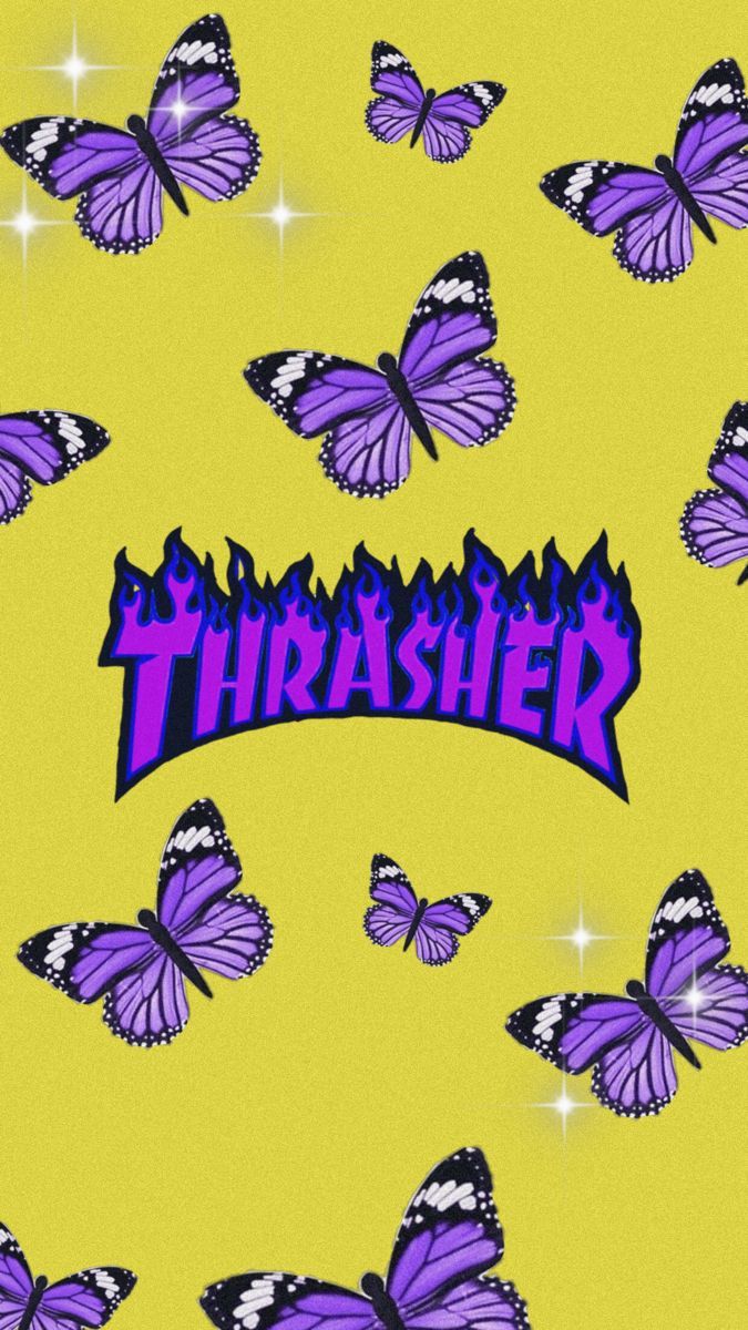 Purple butterflies, thrasher logo, yellow background, aesthetic backgrounds, phone wallpaper - Thrasher