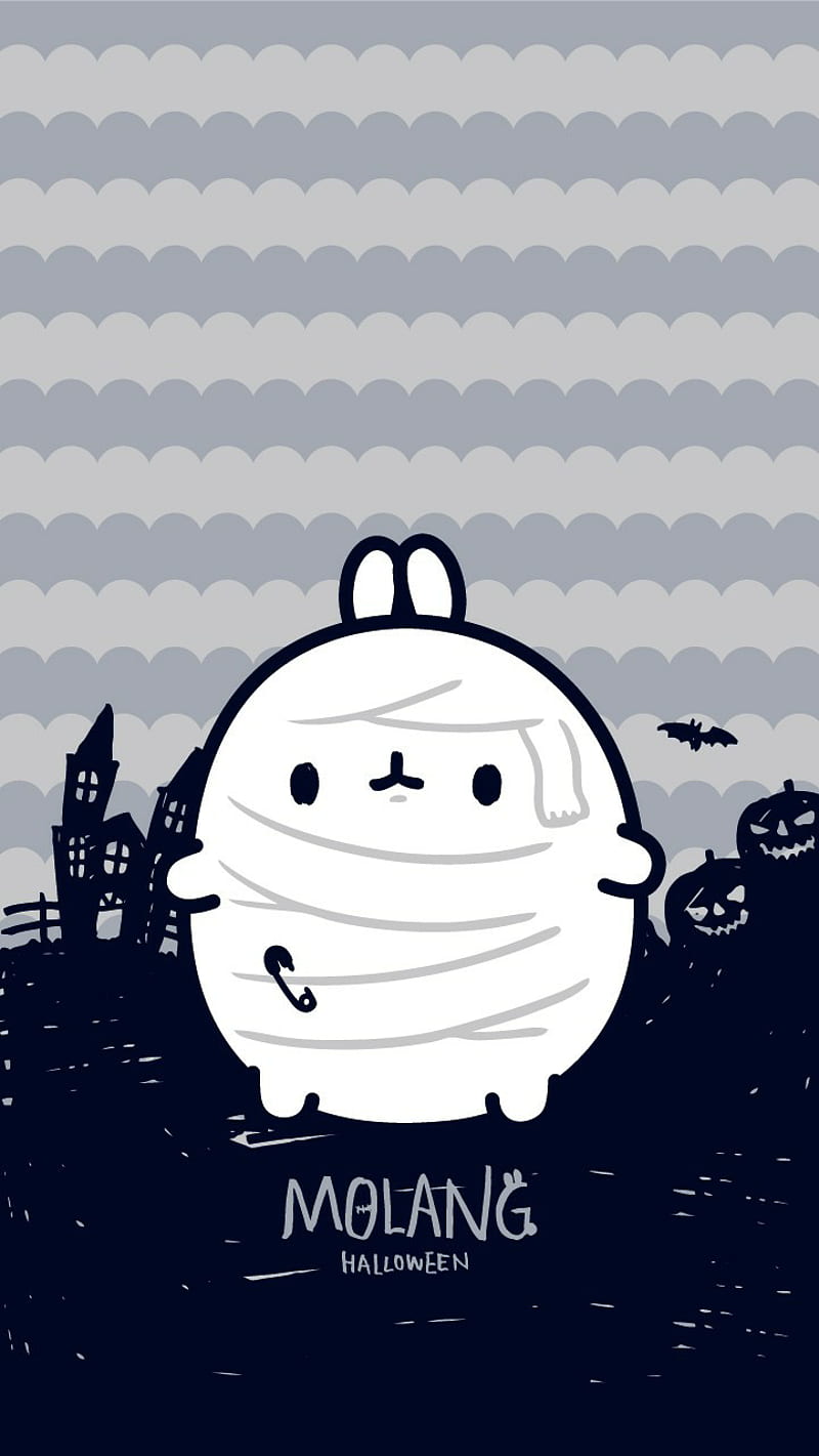 A cute illustration of Molang dressed as a mummy for Halloween. - Molang