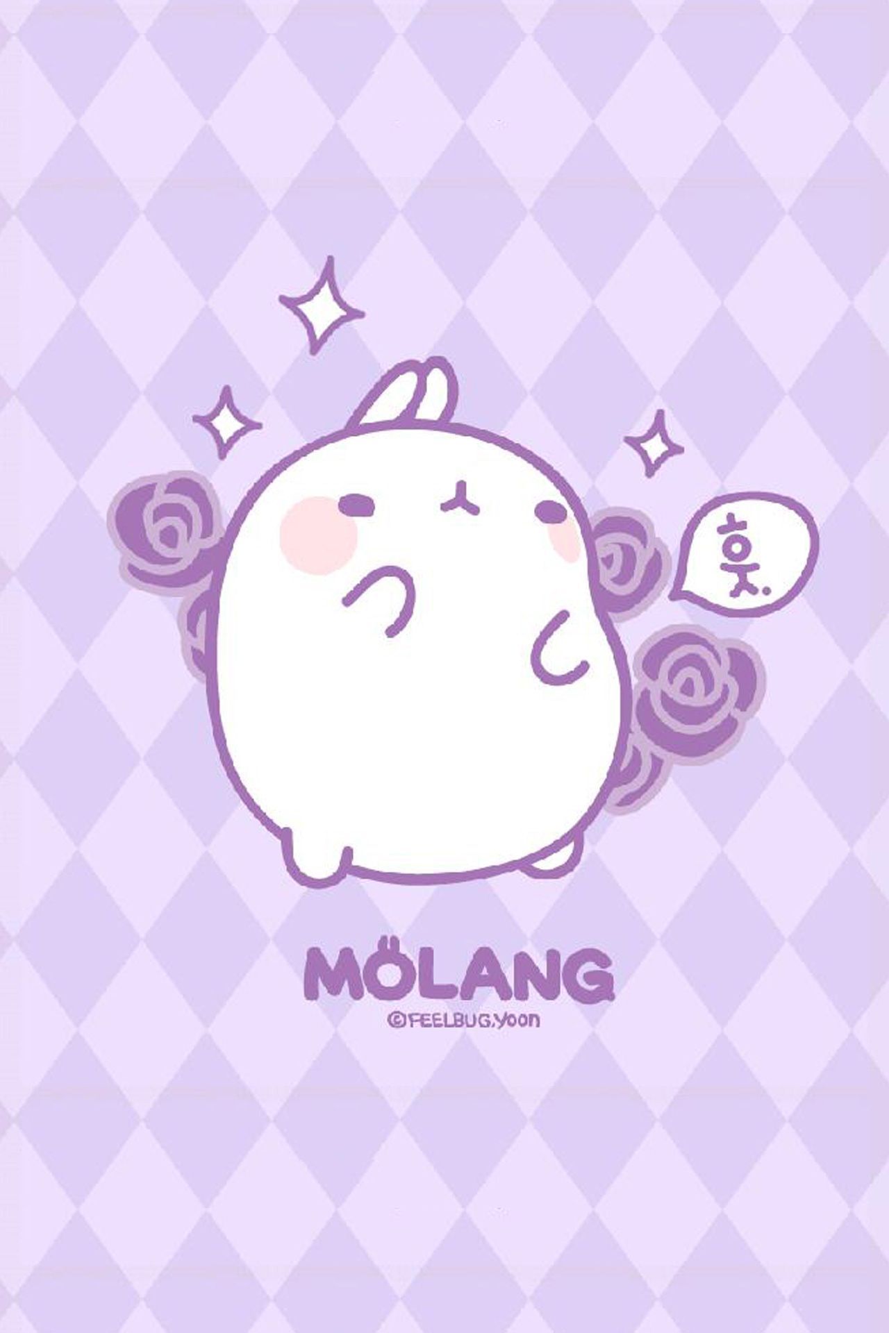 A white rabbit with a pink bow on its head and pink roses around it. - Molang