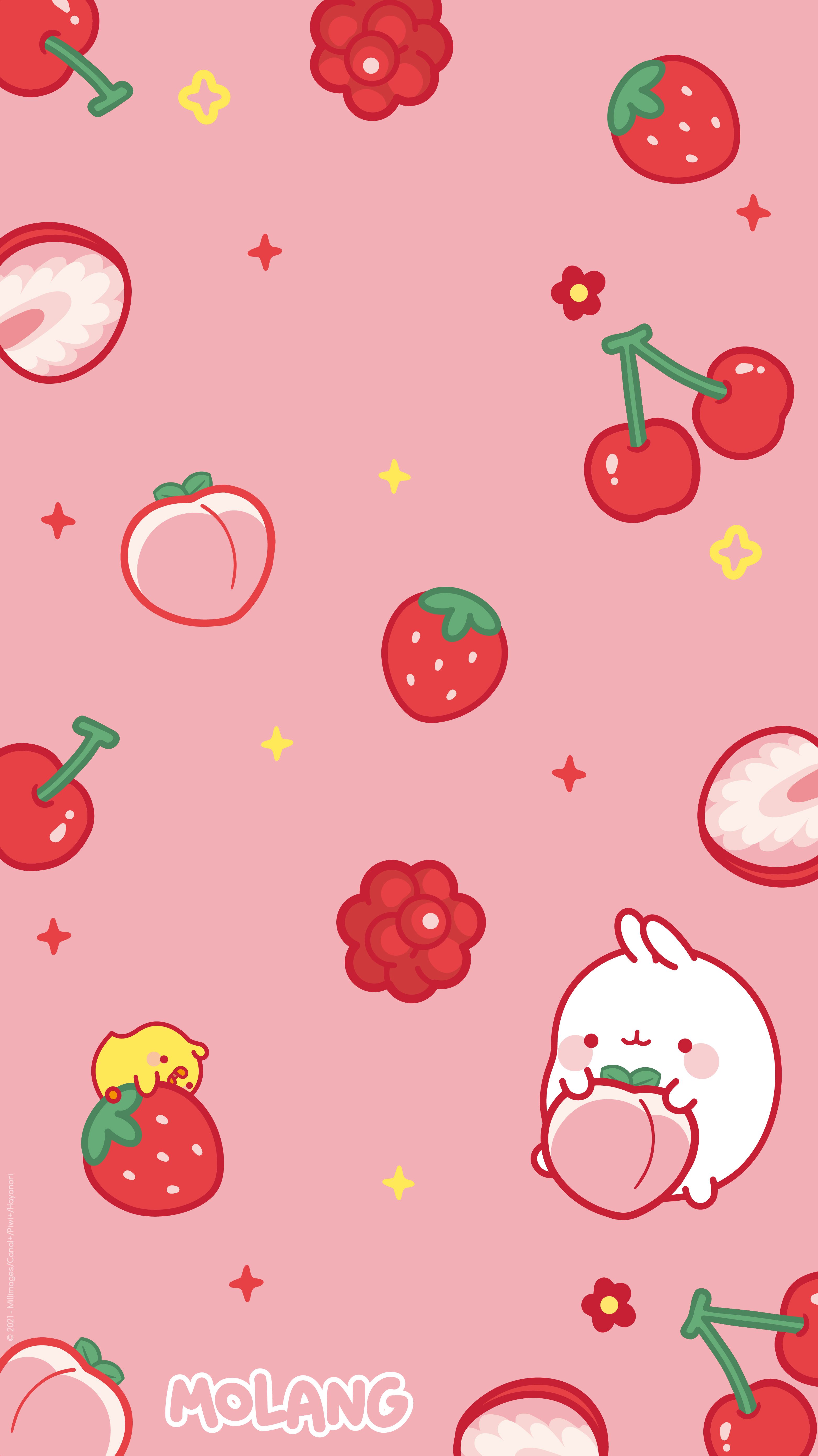 A cute Molang wallpaper with fruits! You can download it for free on the official website or in the Molang App. - Molang