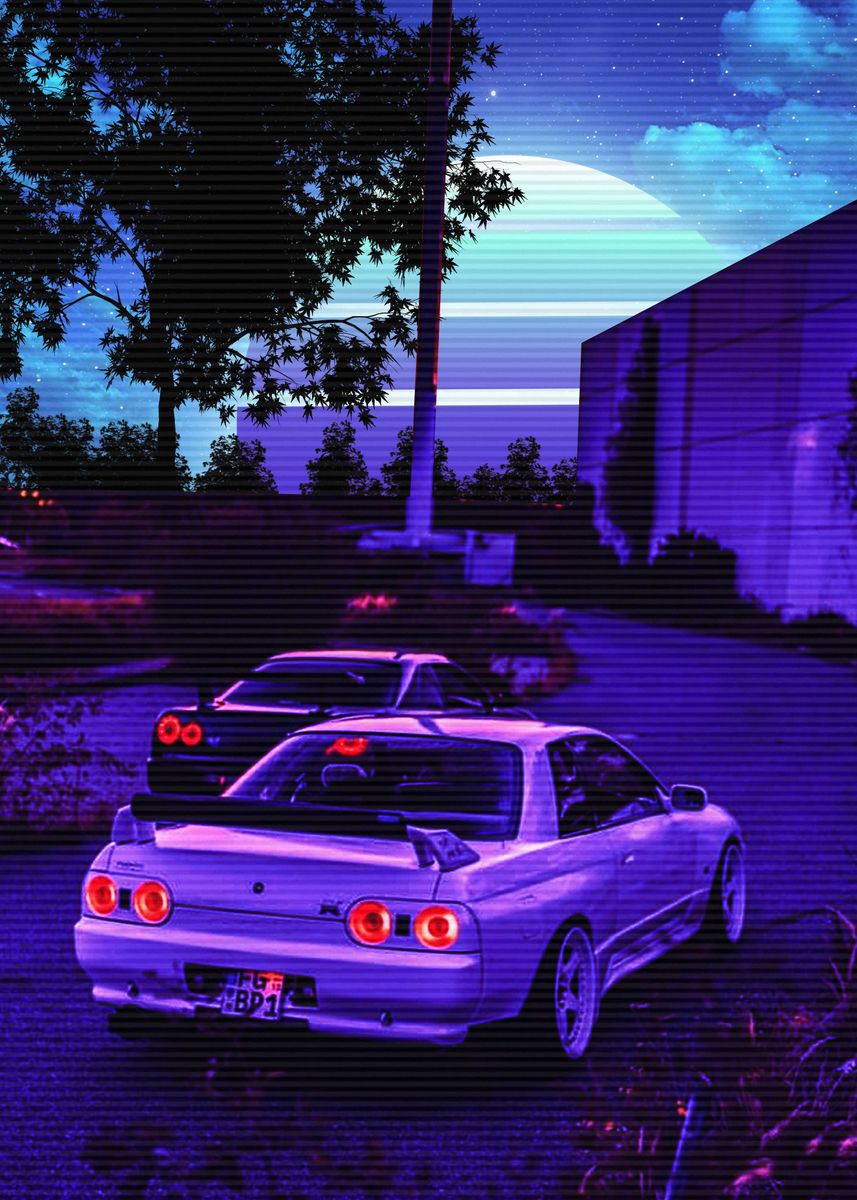 Aesthetic r33 skyline with purple lighting and a moon - Nissan Skyline