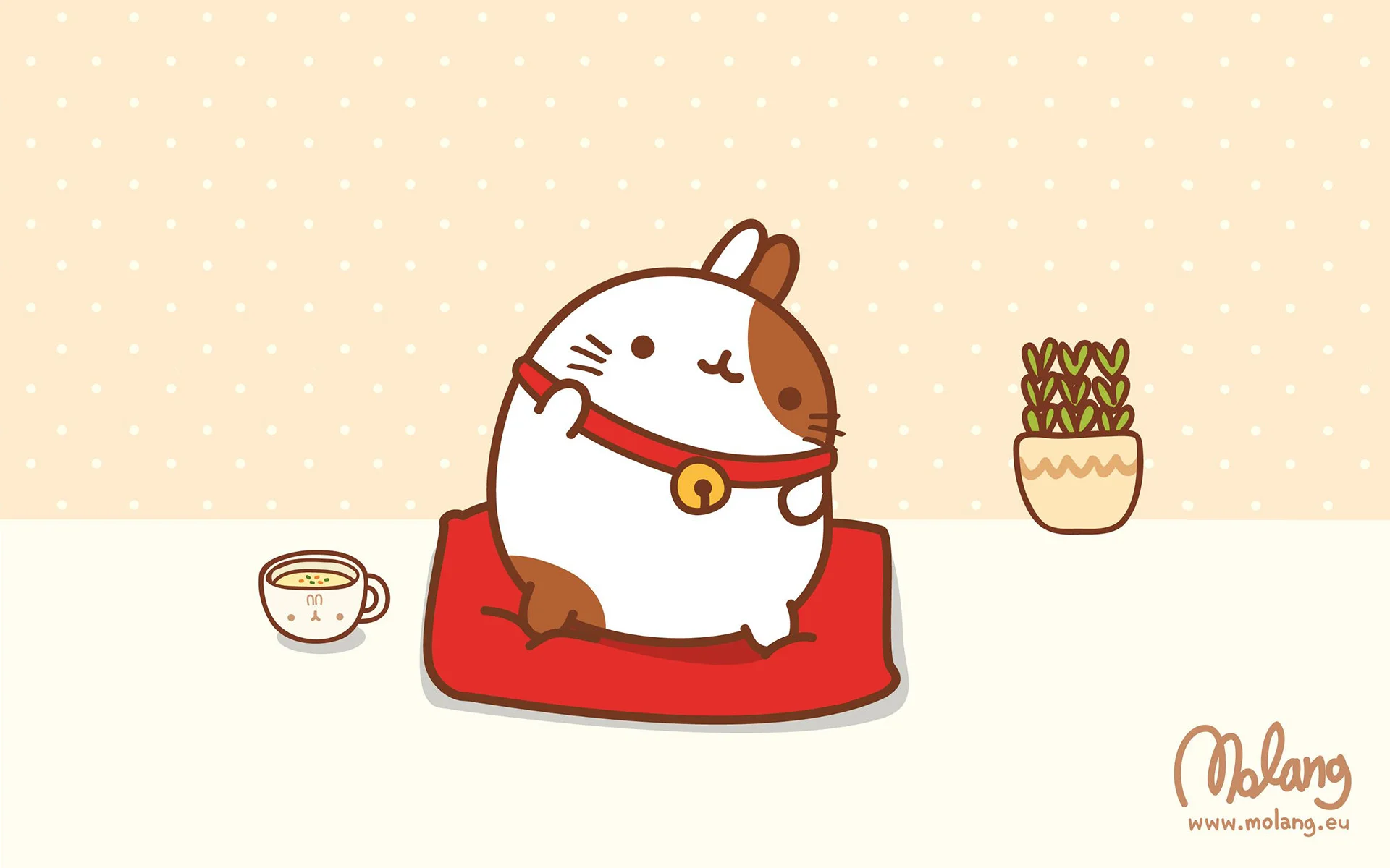 A brown and white hamster sitting on a red pillow next to a cup of coffee and a plant. - Molang