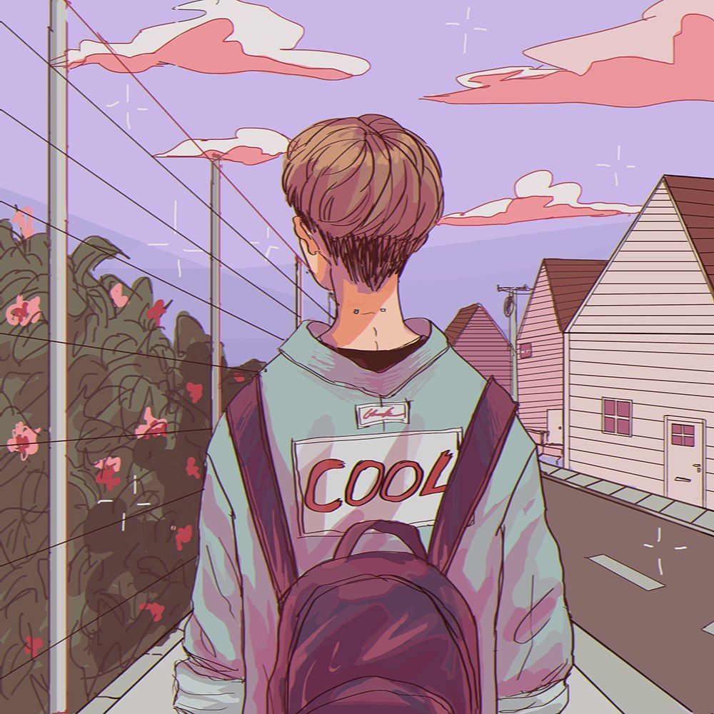 An illustration of a boy with a backpack on his back, walking down a street. - Vector