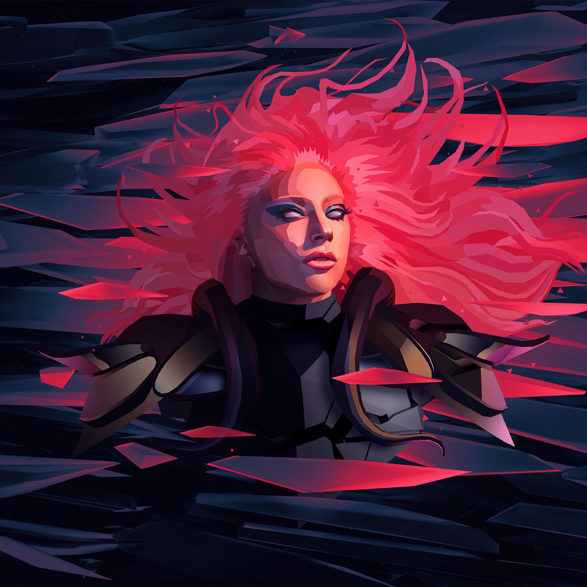 A digital artwork of a woman with pink hair, her body is composed of geometric shapes. - Low poly
