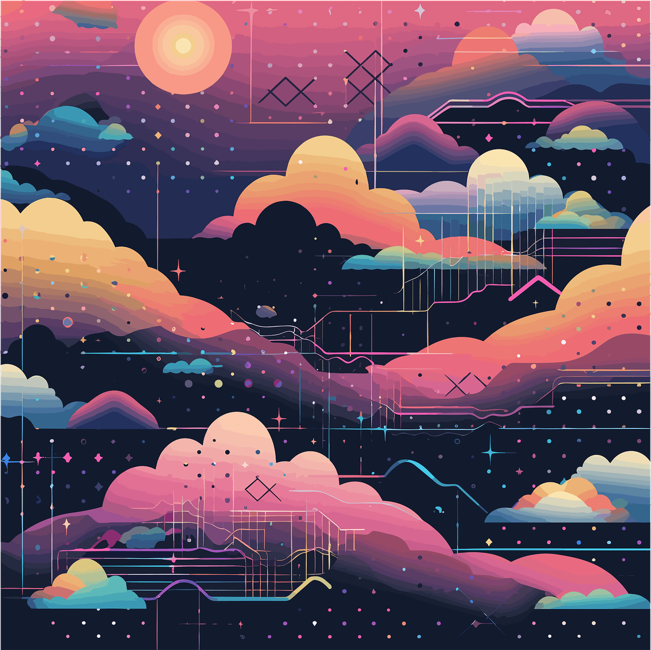 A digital illustration of a night sky with clouds and stars - Vector