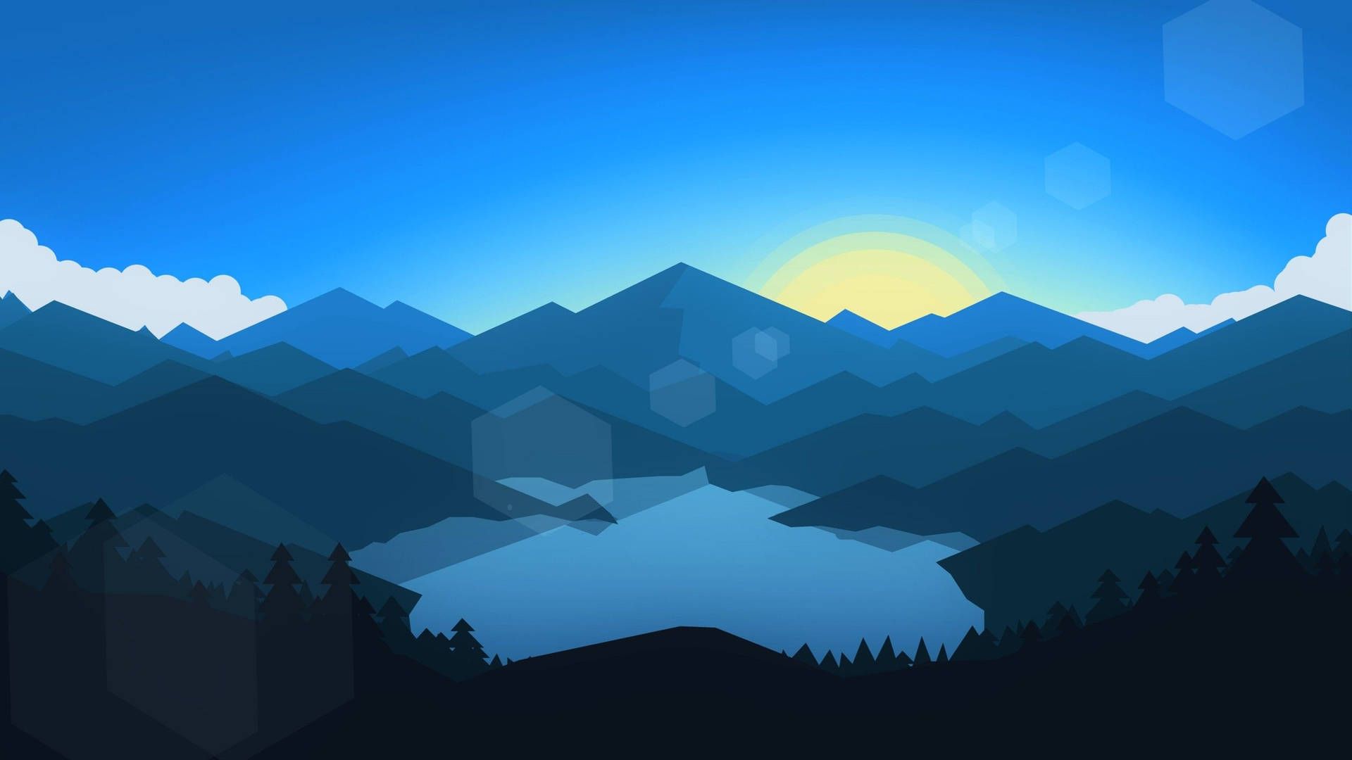 A beautiful wallpaper of a mountain lake with the sun rising - Low poly