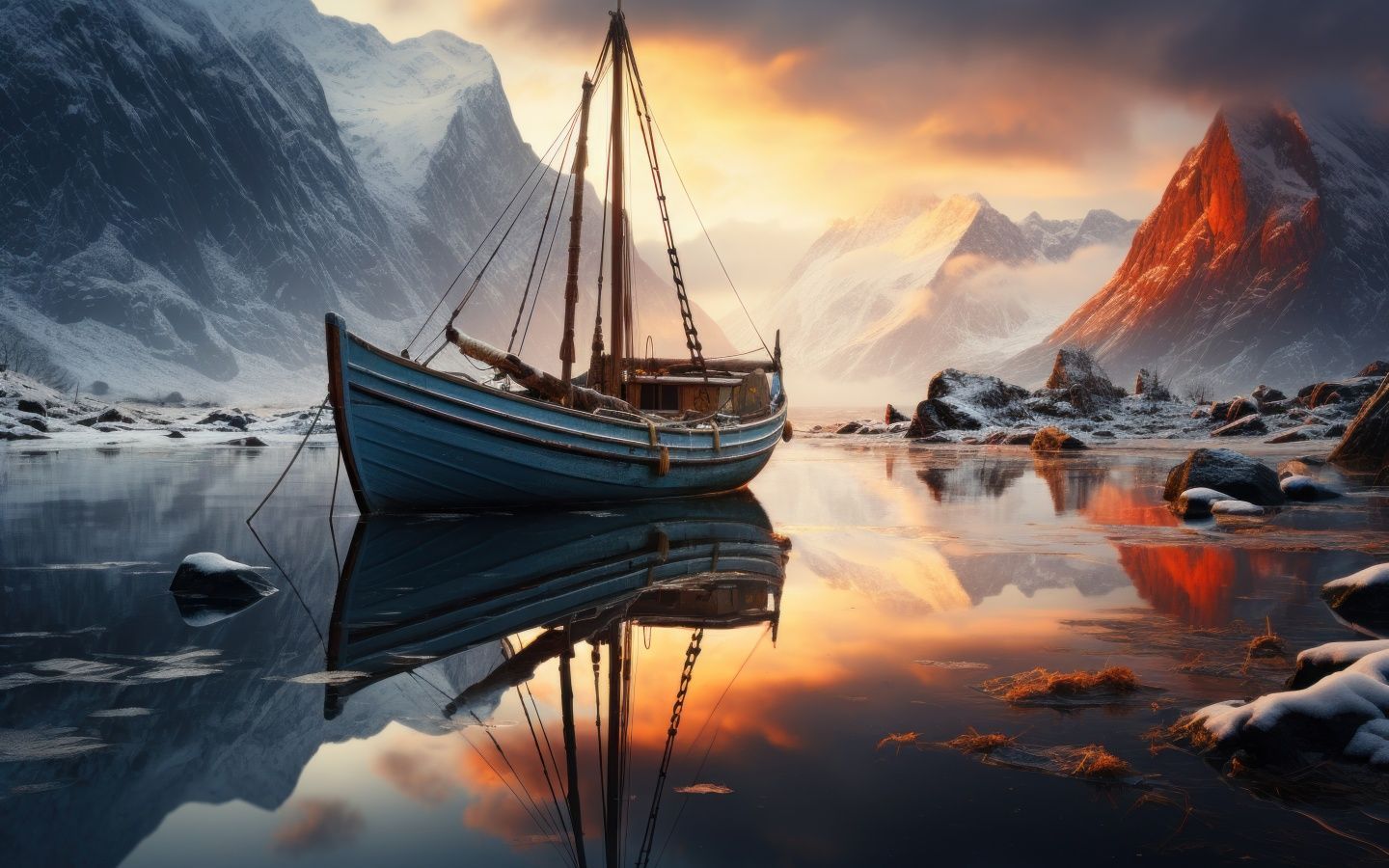 Scenic Wallpaper 4K, Aesthetic, Boat, Sunset, AI art