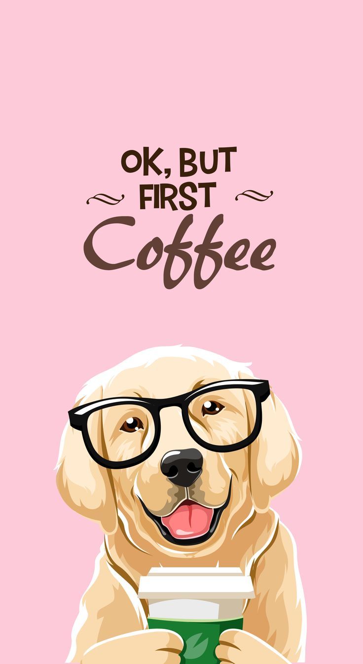 IPhone wallpaper of a cute golden retriever holding a cup of coffee on a pink background - Dog, puppy