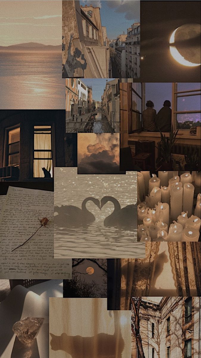 Aesthetic collage of brown and beige images including a city, candles, a sunset, and a bird. - Cream