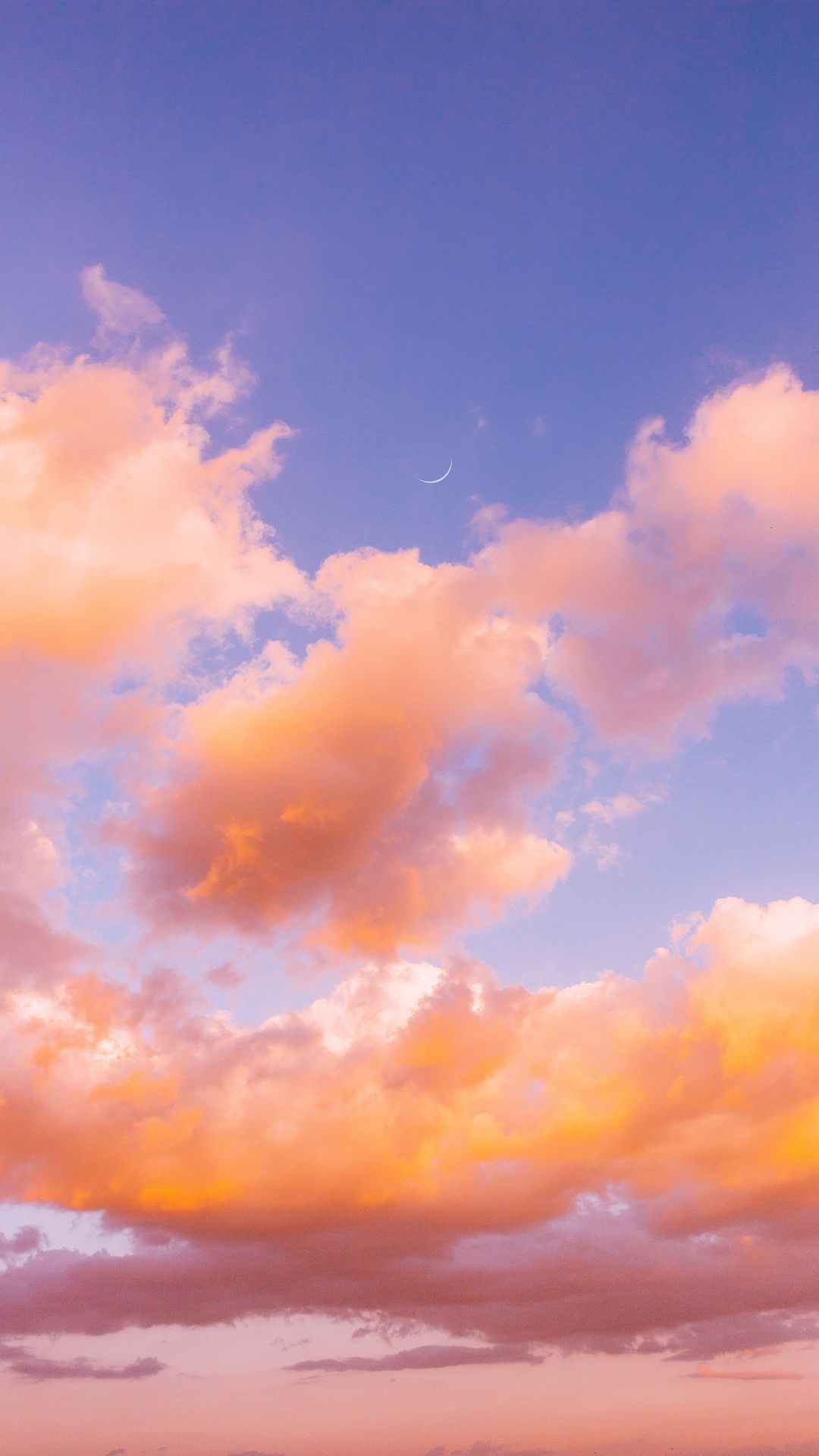 IPhone wallpaper of a blue sky with pink and orange clouds and a crescent moon - Cloud