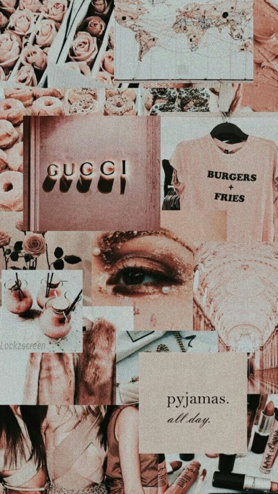 Aesthetic wallpaper collage for phone with images of clothes, makeup, and food. - Gucci