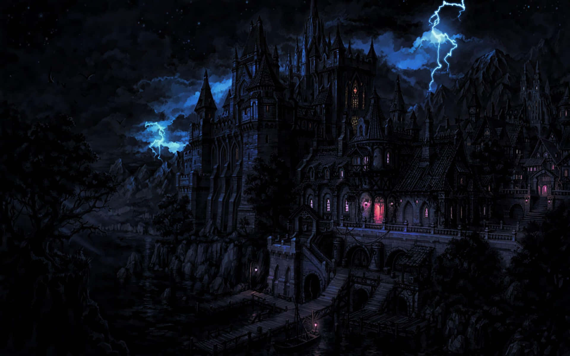 Download A mysterious and hungry vampire looks out of a window to the moonlit city Wallpaper
