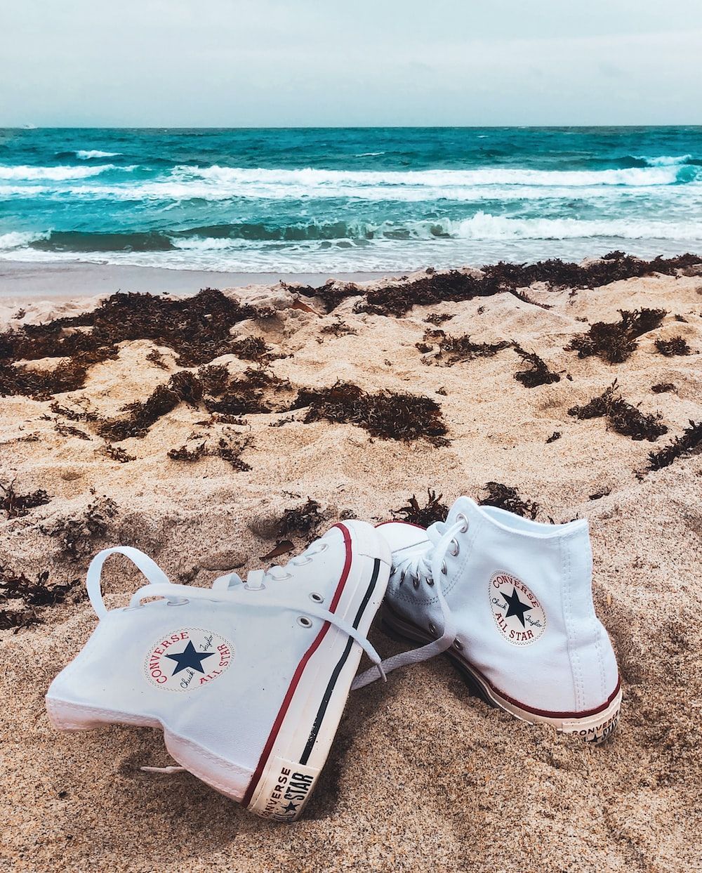 White converse all star high top sneakers on beach shore photo