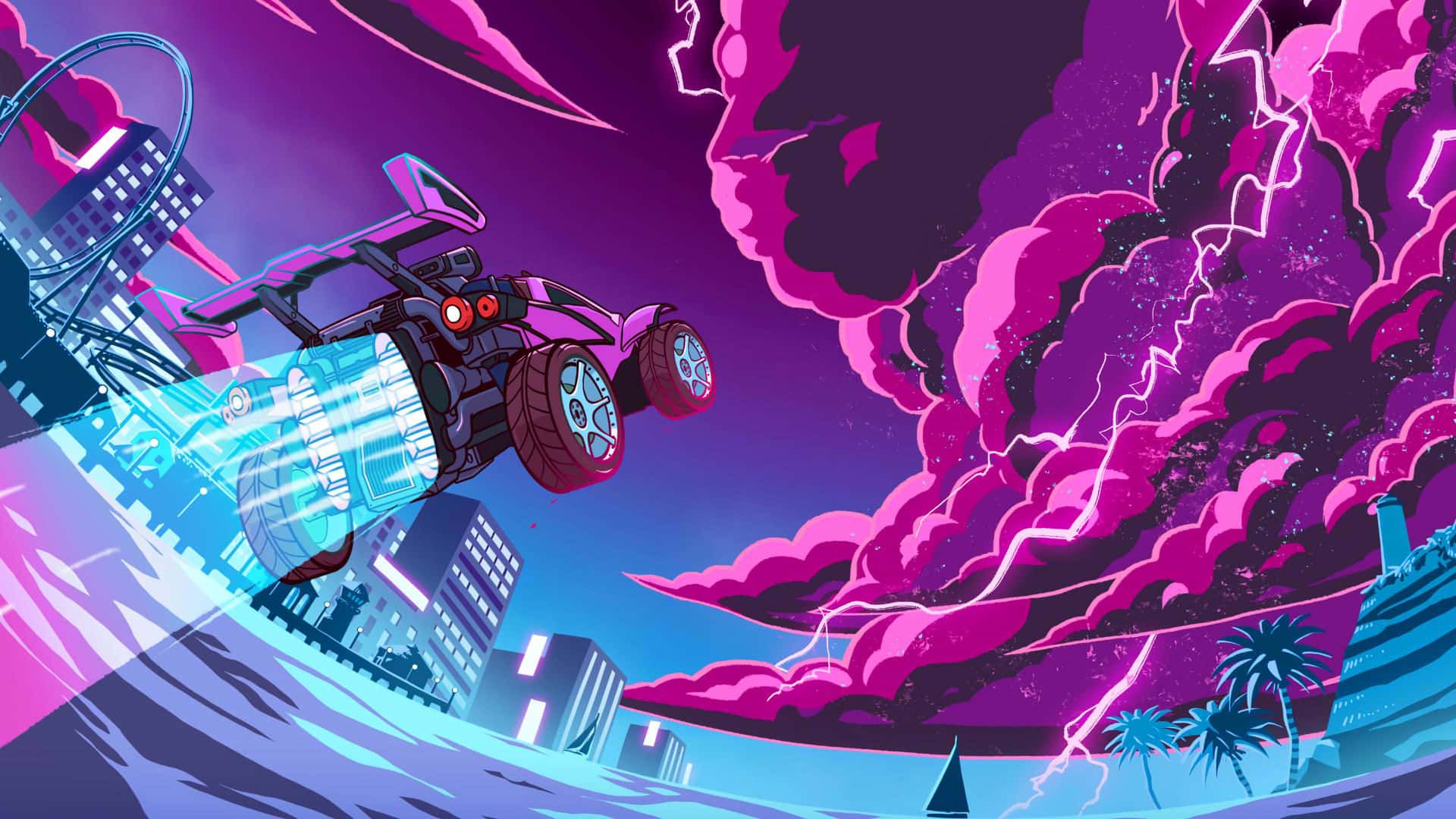 Download A Purple Car Driving Through A City With Lightning Wallpaper
