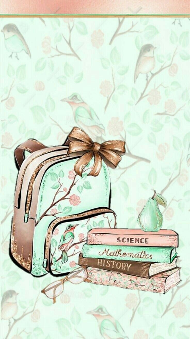 Girly green floral phone wallpaper with a backpack and books - School, kawaii