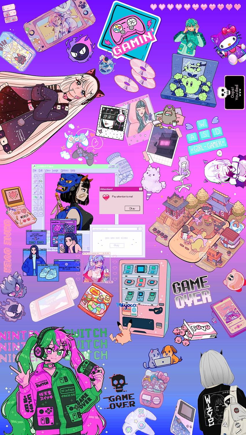 Aesthetic wallpaper for phone with many stickers of video games, anime, and other things. - Gaming