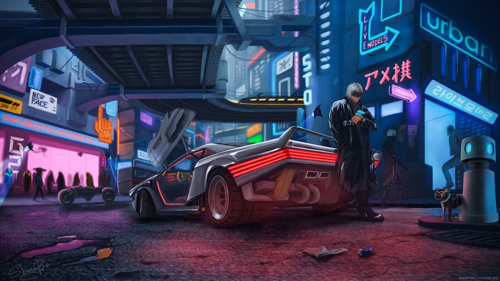 A man standing next to a car in a neon-lit cyberpunk city - Gaming