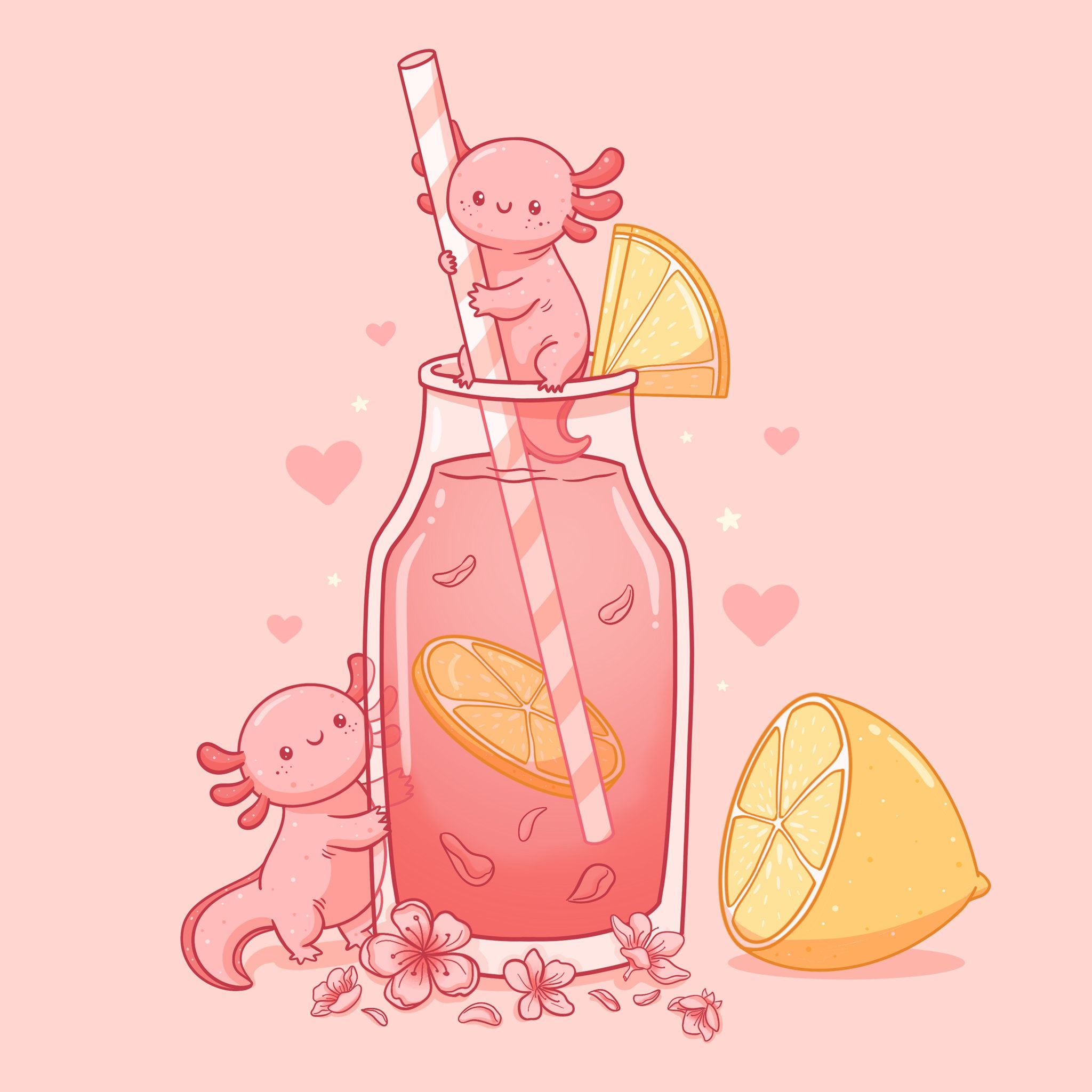 A cute axolotl illustration with a refreshing drink and lemon slices, perfect for a kawaii phone wallpaper. - Axolotl