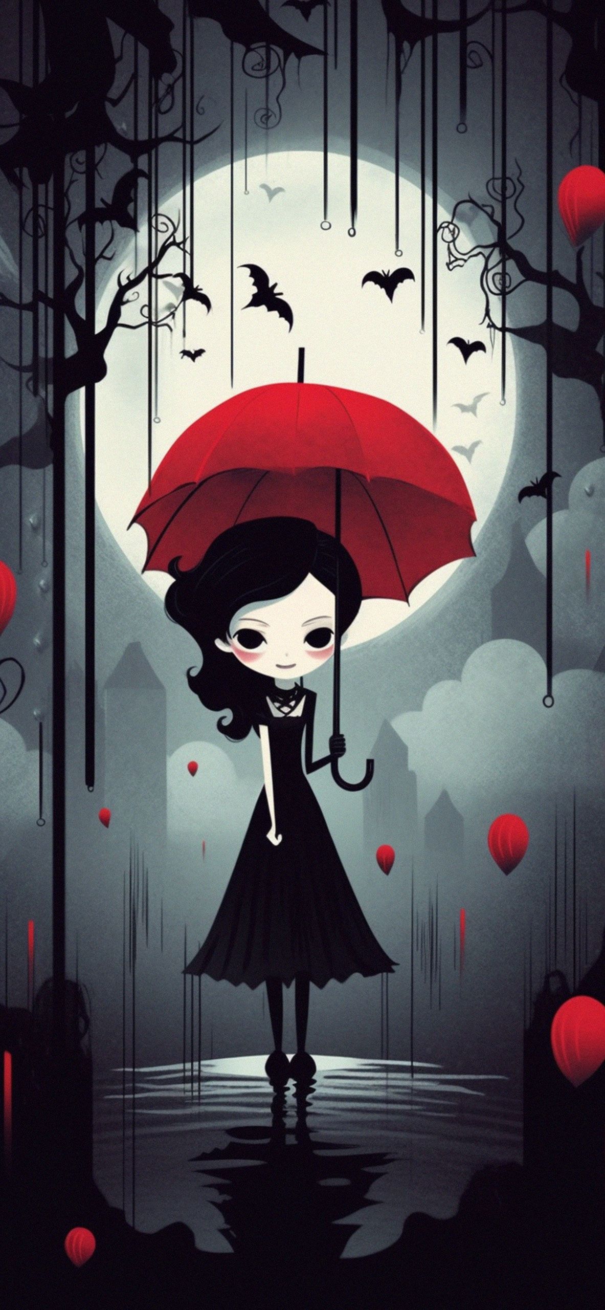 Halloween girl with red umbrella in the rain wallpaper 1242x2688 - Vampire