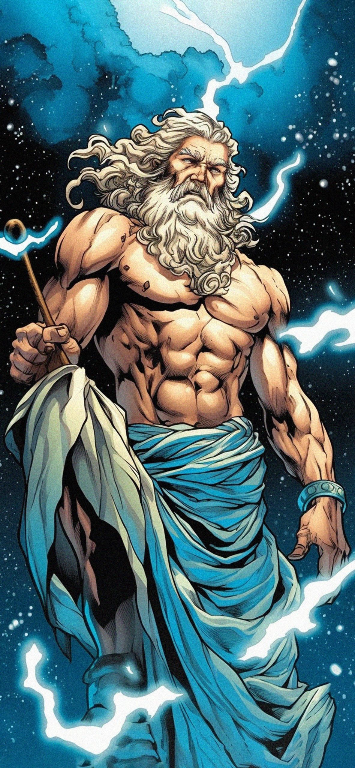 Zeus, the Greek king of the gods, is depicted in this image as a muscular and bearded man with long white hair and beard. - Lightning