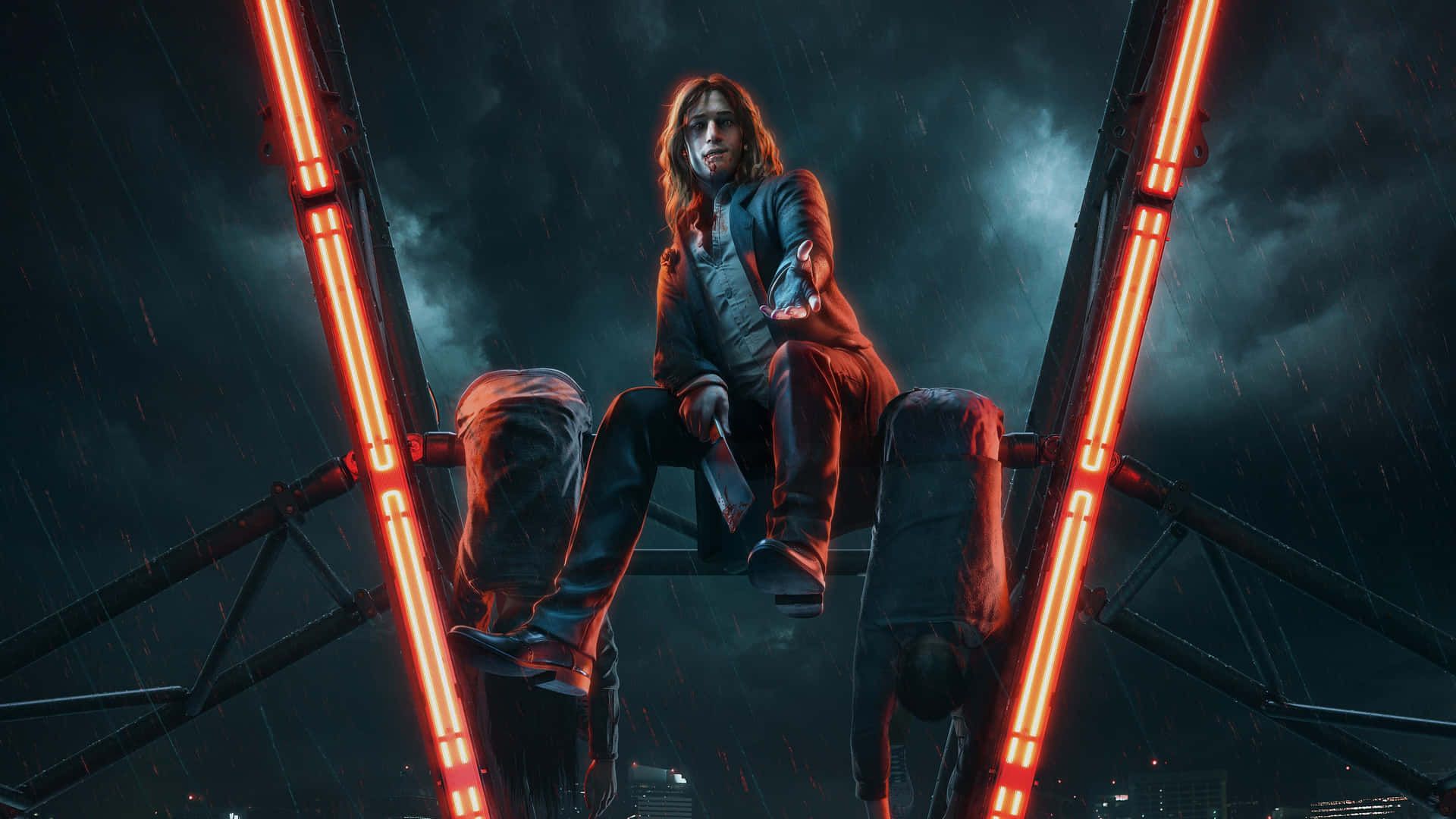 A red-haired woman in a red suit sits on a metal structure with red neon lights - Vampire