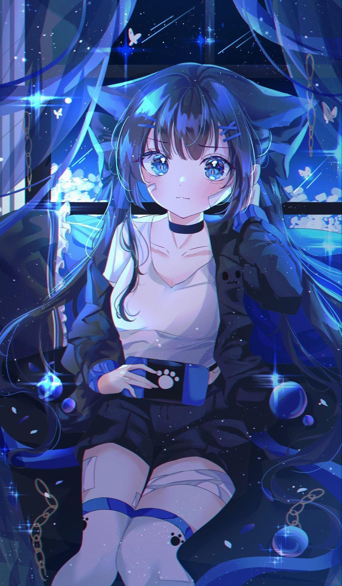Anime girl with blue hair and blue eyes sitting on the ground - Gaming, anime girl