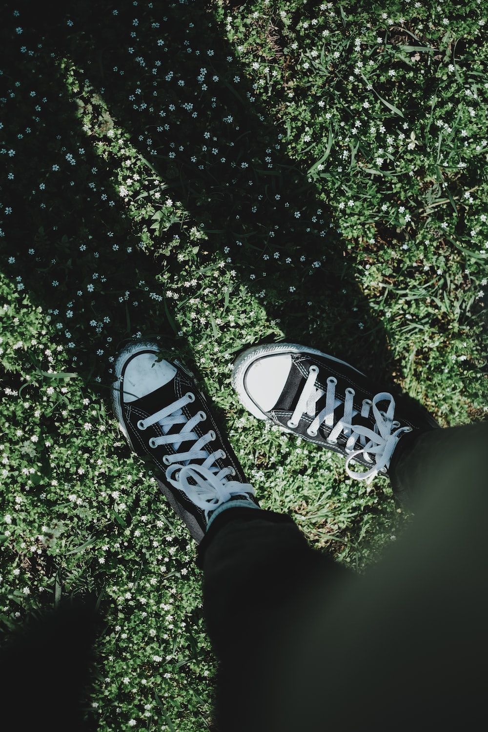 Person wearing black and white converse all star high top sneakers standing on grass - Converse