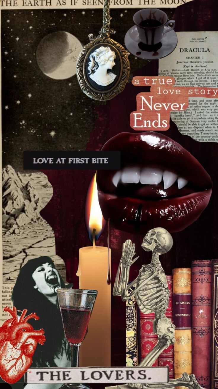 A collage of images including a skeleton, a heart, a lit candle, a wine glass, a woman's face, a book, a moon, and the words 