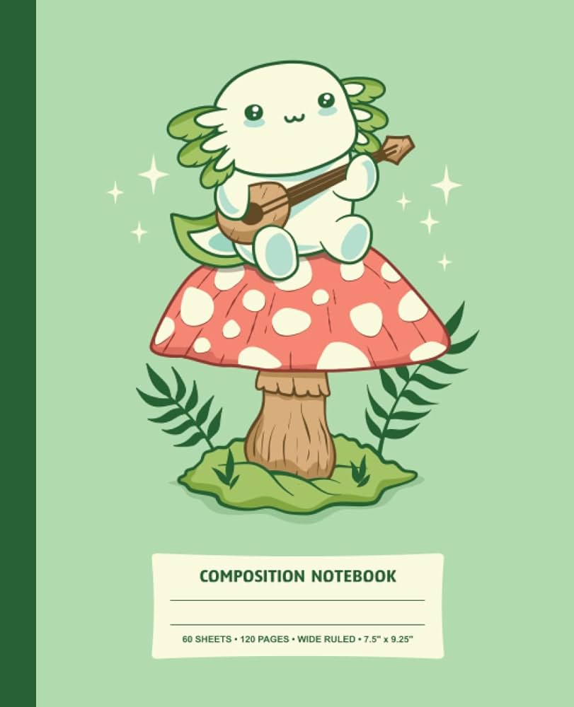 Composition Notebook: Wide Ruled | Cute axolotl playing the banjo on a mushroom | 60 sheets, 120 pages | 7.5 x 9.25 | Green cover - Axolotl