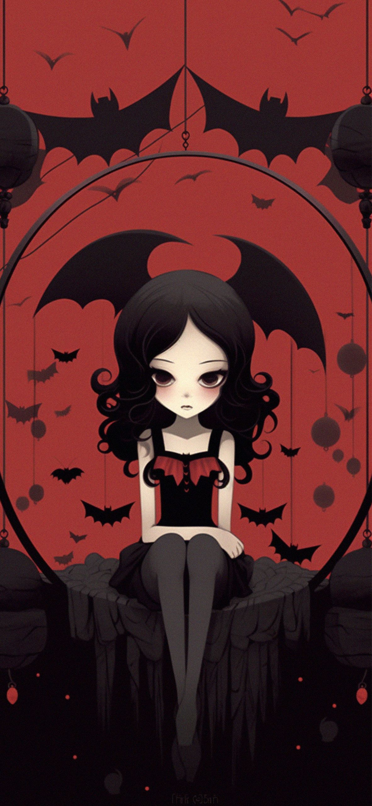 A black haired girl sits on a stone throne with bats surrounding her. - Vampire
