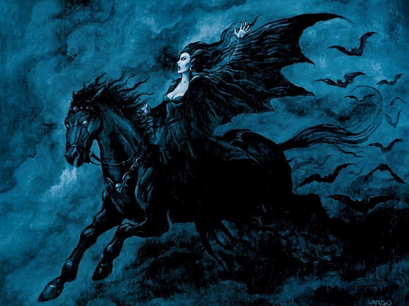 A woman riding on horseback with bats flying around her - Vampire