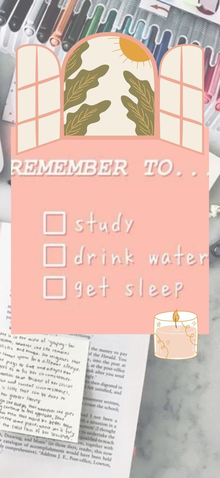 A pink and white image with a reminder to study, drink water, and get sleep. - School