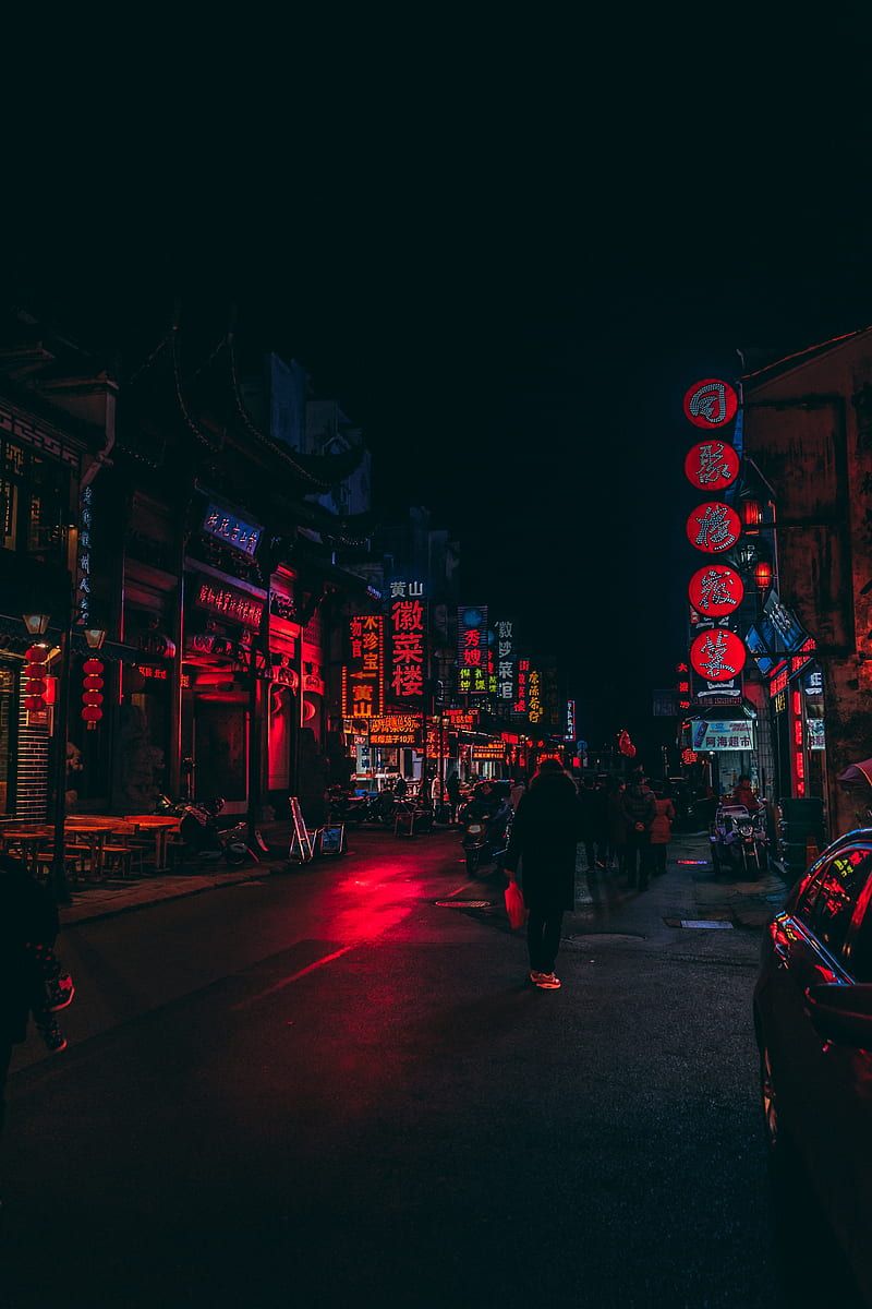 Street, lighting, lights, signs, city, china, HD phone wallpaper