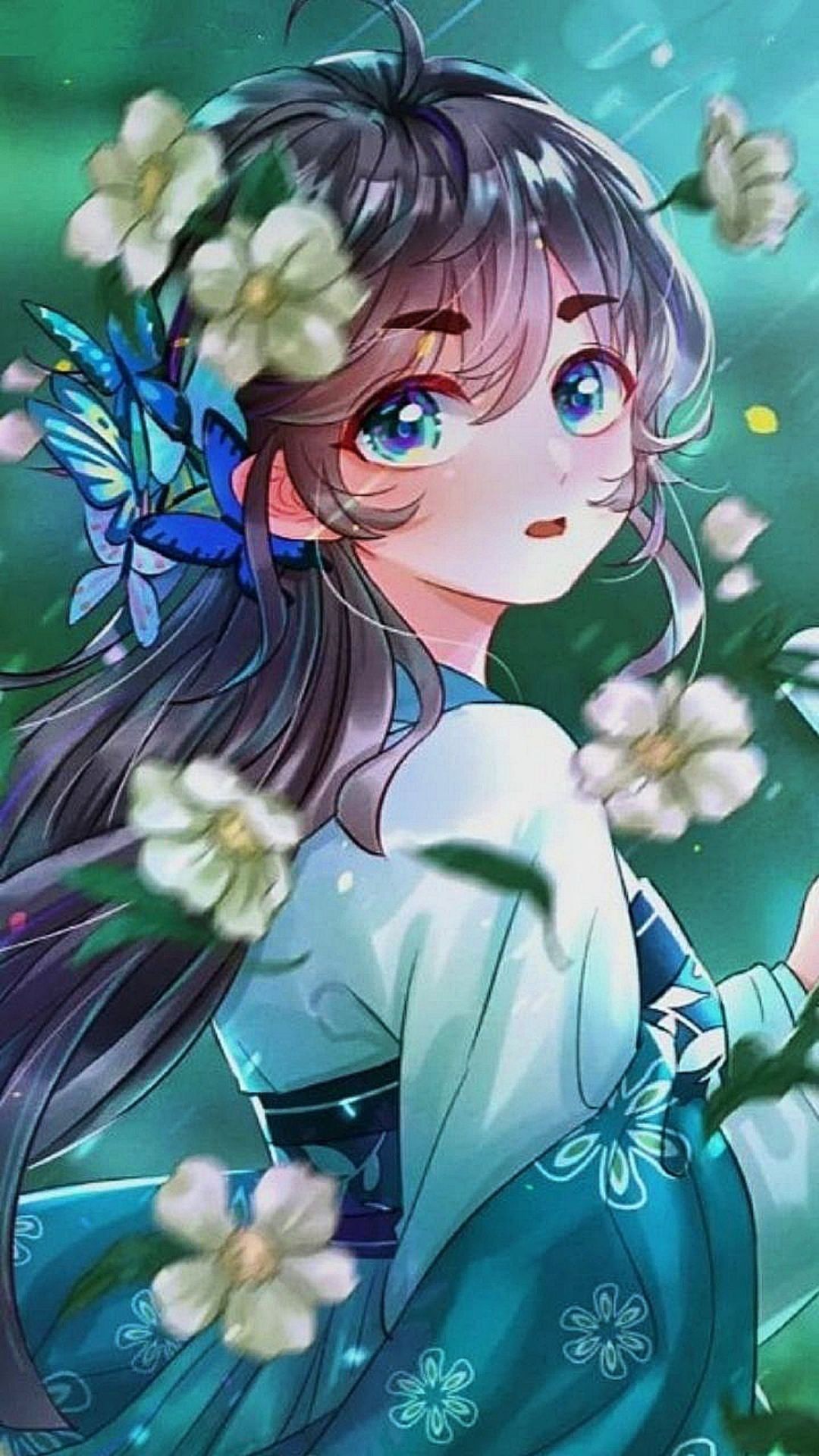 Anime girl with blue eyes and blue dress with flowers in her hair - Anime girl, pretty