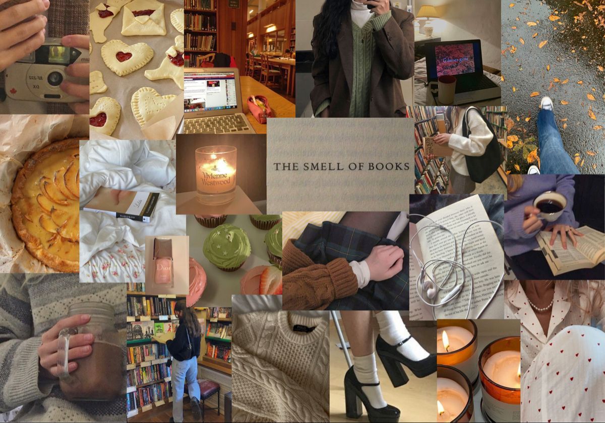 A collage of photos of books, pies, sweaters, and other cozy elements. - Coquette