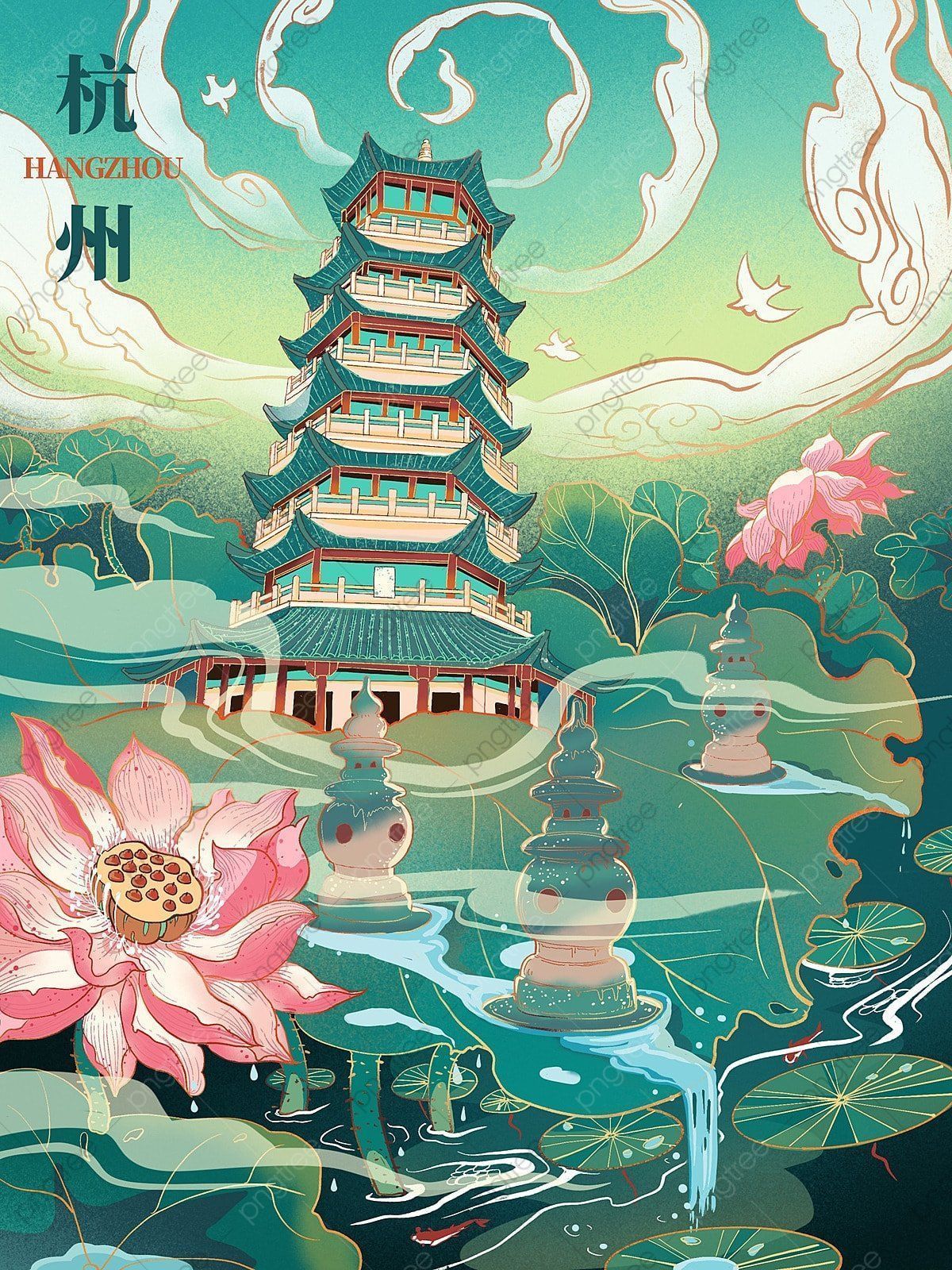 A poster of the beautiful scenery of Hangzhou. - Chinese