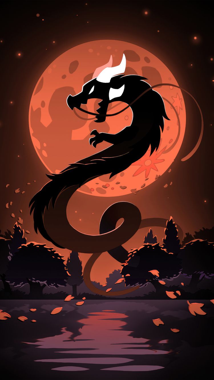 A black dragon in front of a red full moon - Chinese