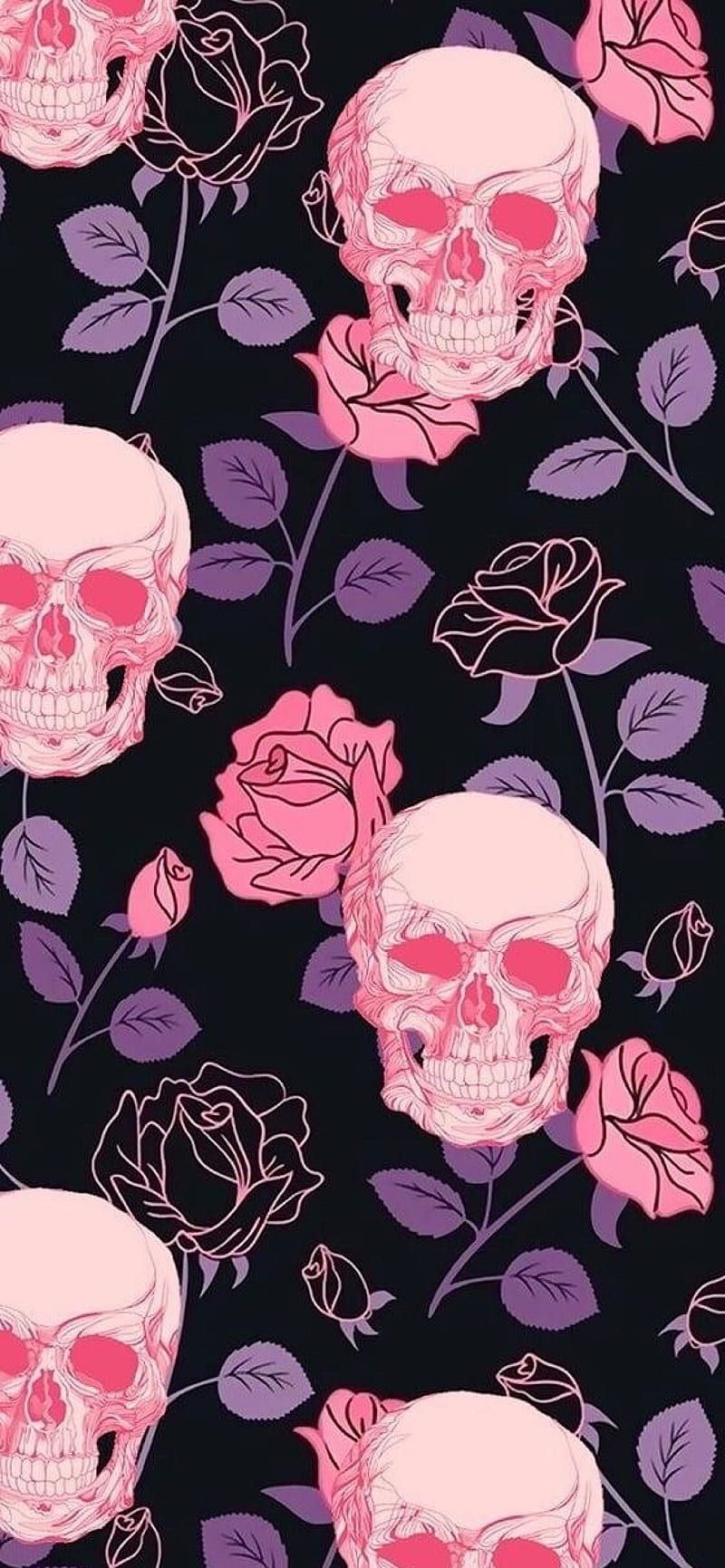 Wallpaper with skulls and roses, in pink and purple, on a black background - Skull