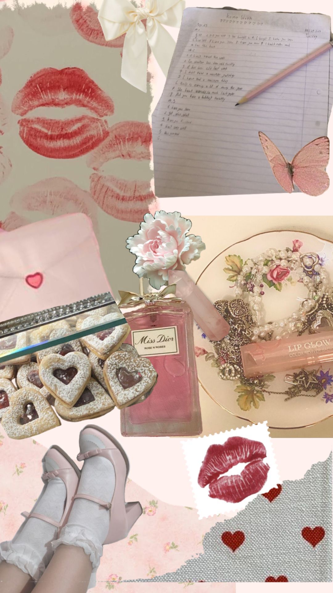 A collage of a pink bottle, butterfly, lips, and other girly items - Coquette