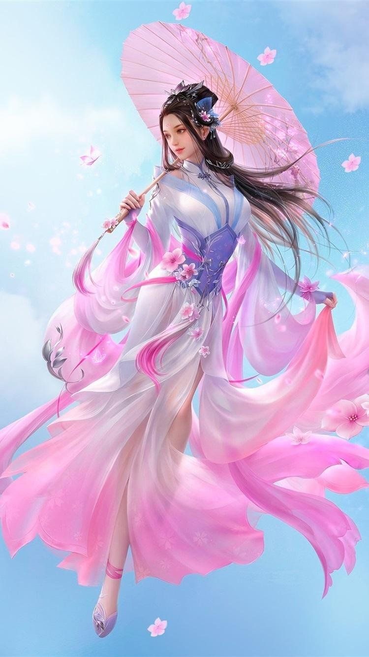 Chinese anime girl with umbrella and pink dress in the sky - Chinese
