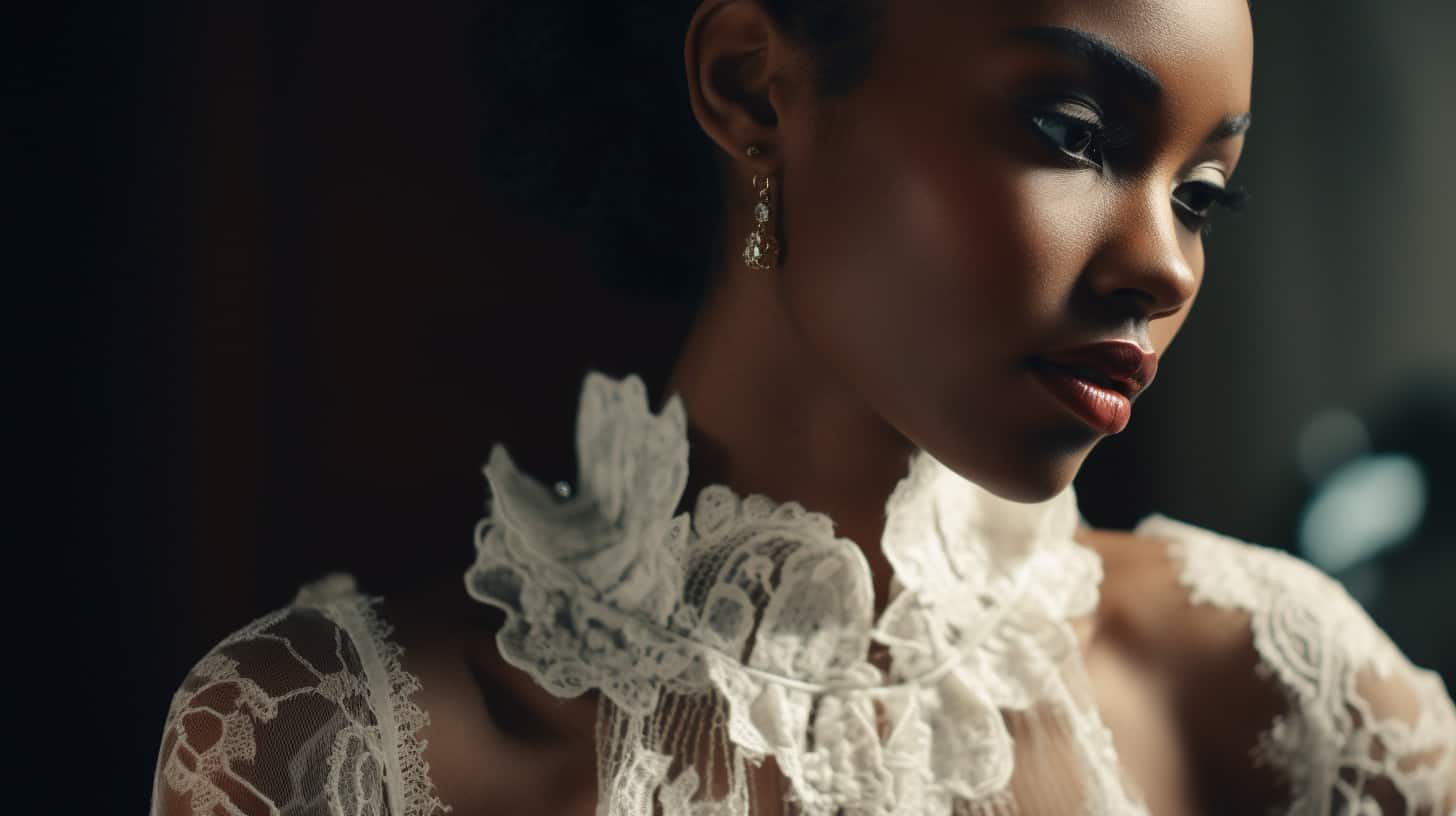 A black bride in a white lace wedding dress with a deep red lip and black eyeliner. - Coquette