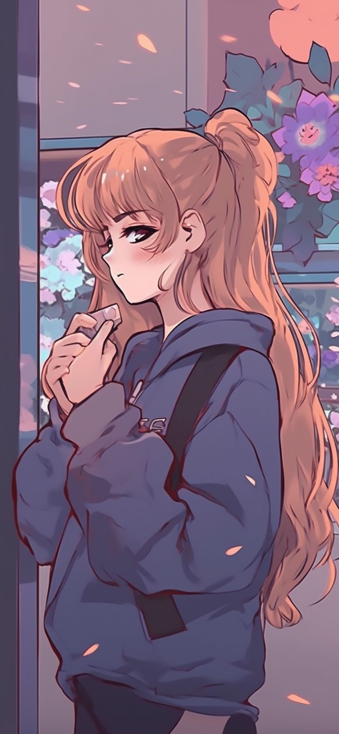 Aesthetic anime girl with brown hair and blue jacket - Anime girl