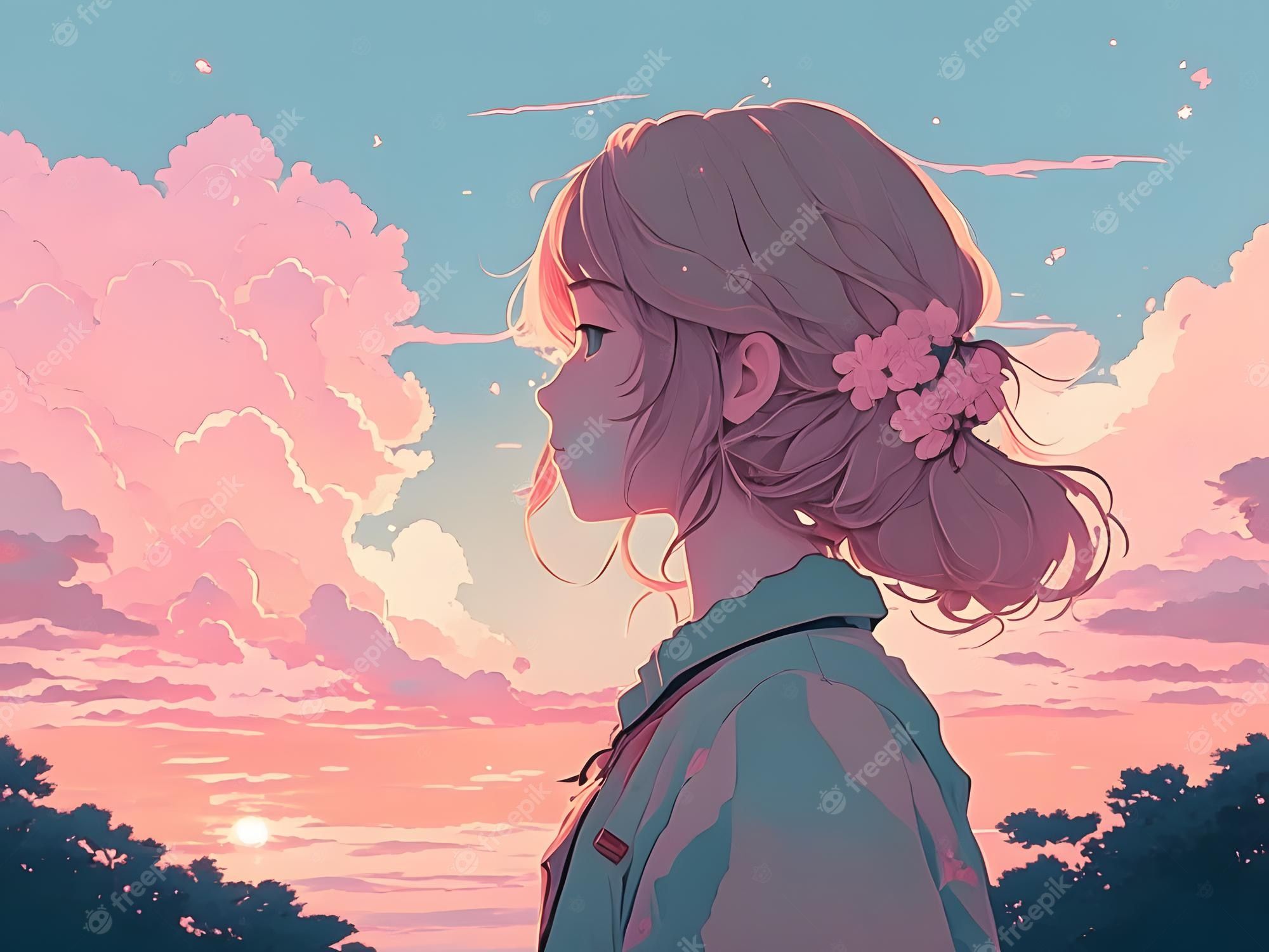 Anime girl with cherry blossom in her hair looking at the sunset - Anime girl