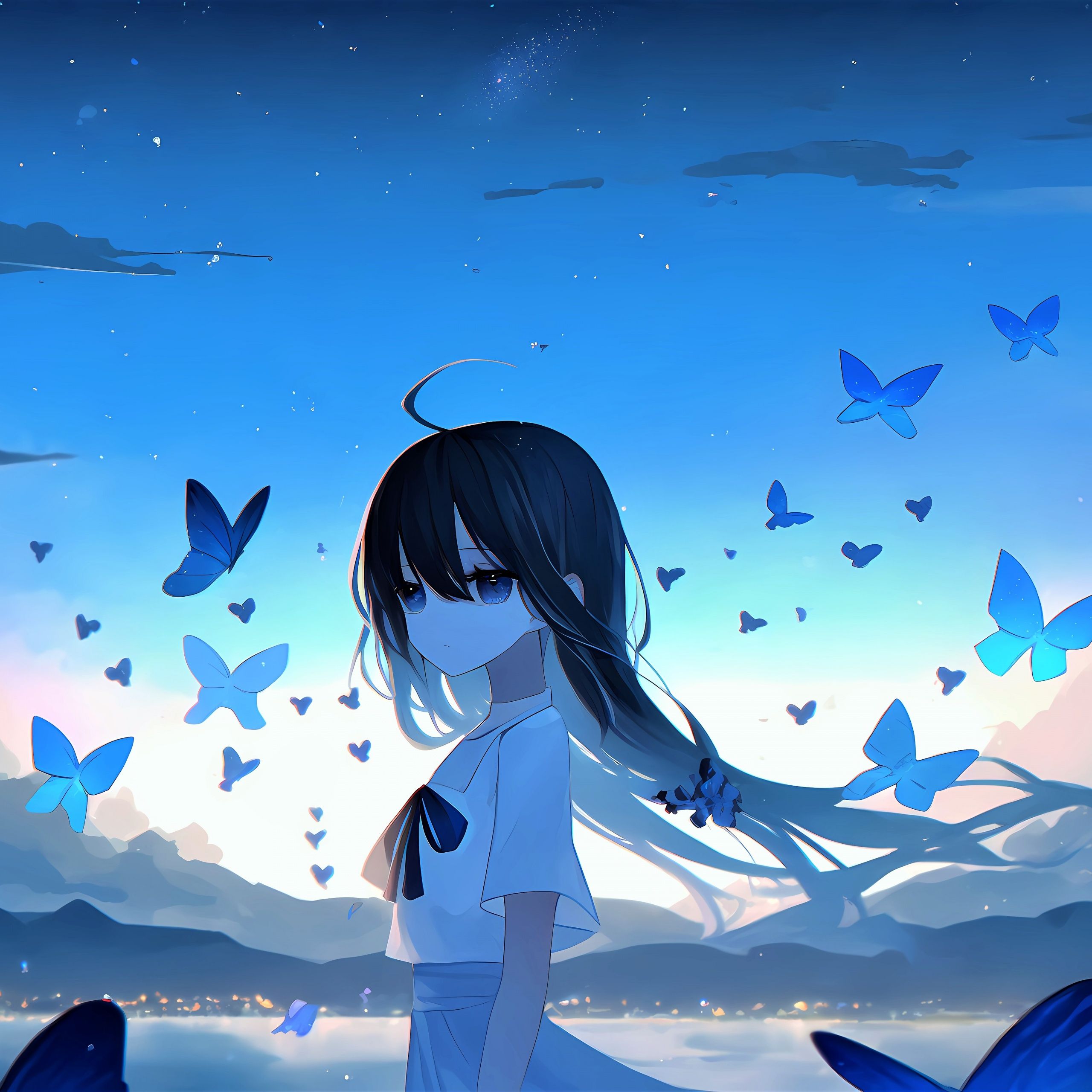 Sad girl Wallpaper 4K, Anime girl, Mood, Butterflies