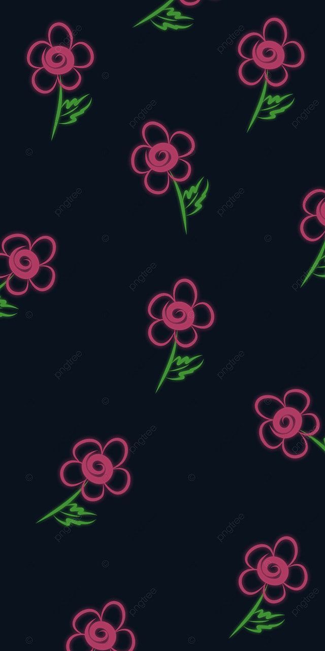 A pattern of neon pink flowers on a black background - Neon red