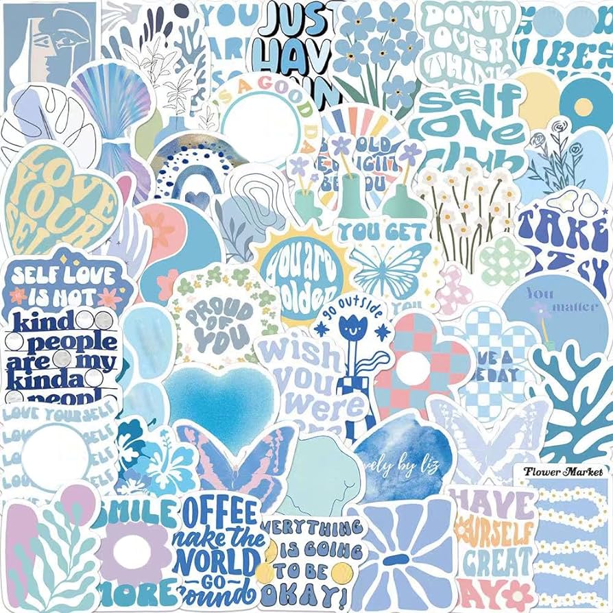 The image shows a collage of various stickers in blue and white colors. These stickers are related to Danish pastel aesthetics and can be used on laptops, phones, and water bottles. They are also handmade products. - Danish