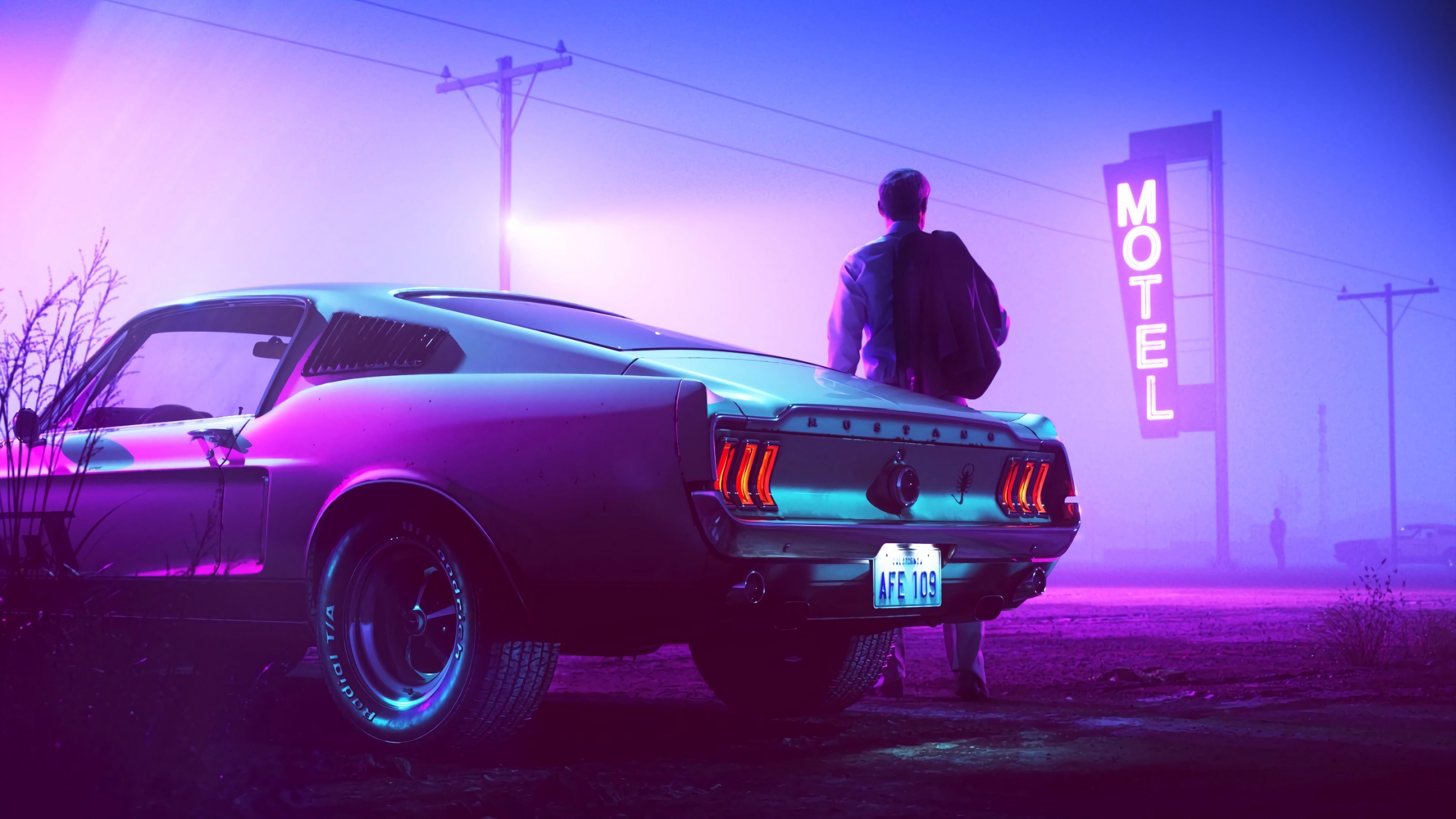A man standing next to a car in a purple neon motel. - Cars