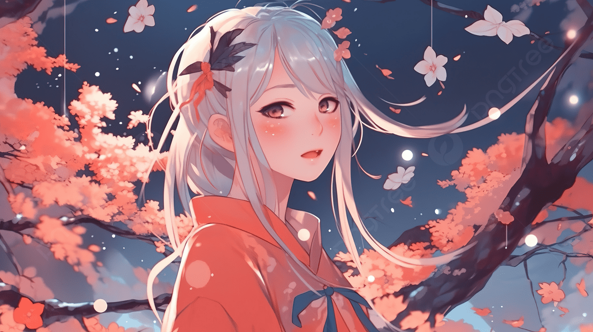 Anime girl with long white hair standing under a tree with pink flowers - Anime girl