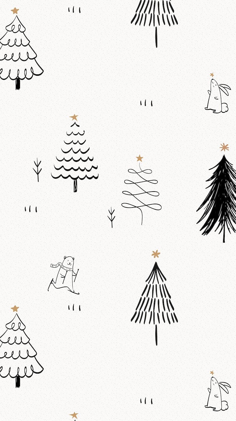 A white wallpaper with black and white illustrations of Christmas trees and a rabbit. The trees are varying sizes and some have stars on top. The bottom of the image has a line of small stars. The background is white. - White Christmas
